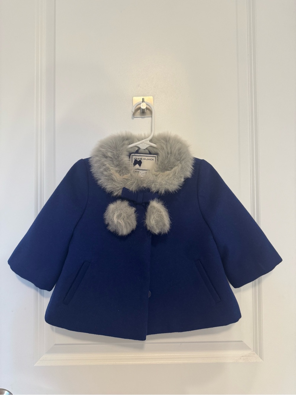 NWOT Janie and Jack Royal Blue Coat w/ Faux Fur Collar & Pom Details (12–24M) 💙